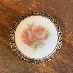VTG Western Germany White & Pink Porcelain Rose Round Floral‎ Brooch Pin Scarf